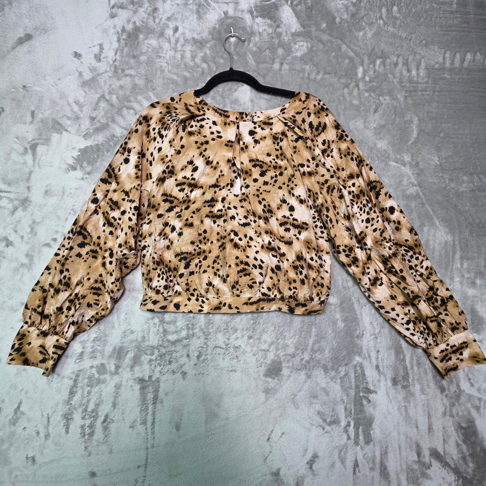 Banana Republic Leopard Print Balloon Sleeve Keyhole Back Crop Blouse Tan M